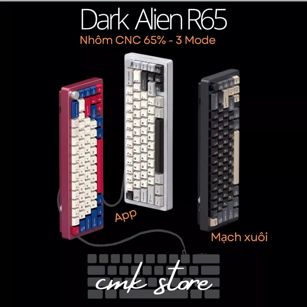 Bàn Phím Không Dây Nhôm Dark Alien R65 - 3 mode kết nối - Mạch xuôi - Hỗ trợ hotswap -Nhôm CNC Anode