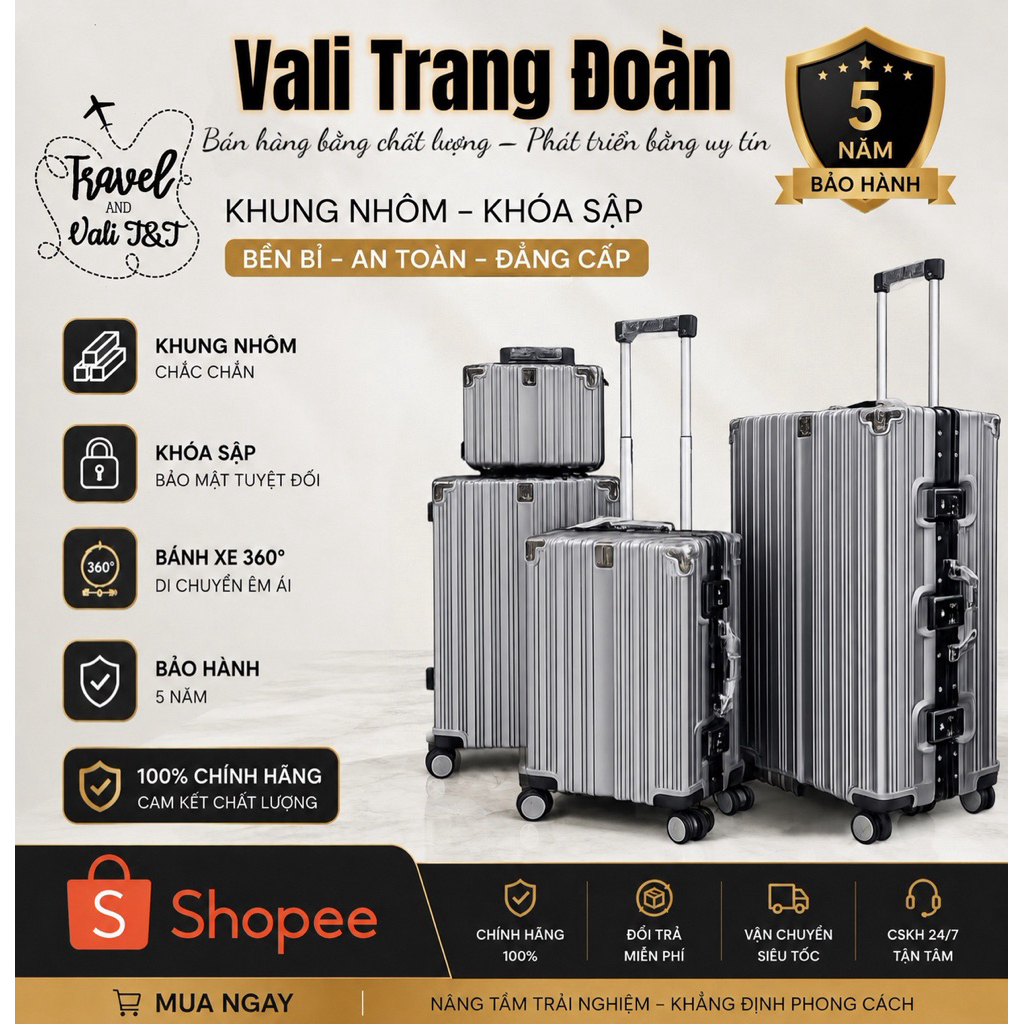 Vali Khung Nhôm Chính Hãng Trang Đoàn Ảnh Thật -  2 Ngăn Kín Chống Nước - Có Khay Để Cốc-BH 5 NĂM-ĐỔI MỚI TRONG 15 NGÀY