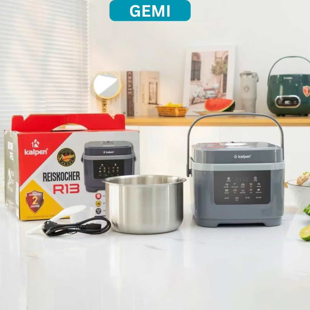 Nồi cơm điện lòng nồi Inox 304 liền khối Kalpen R13 Dung Tích 1.8L, 10 Chế Độ Nấu Đa Năng, Bảo Hành 
