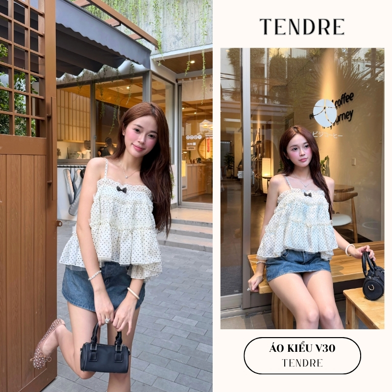 TENDRE - Áo Kiểu Hai Dây Tơ Voan Hàn Chấm Bi 3 Tầng Đính Nơ Điệu Đà - Áo Kiểu Babydoll Xòe Bồng Tiểu Thư Sang Chảnh V30