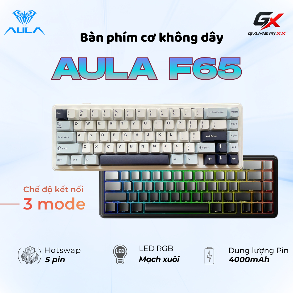 Bàn phím cơ không dây Aula F65 - Hỗ trợ hotswap - LED RGB mạch xuôi - Chất liệu PMO - Dung lượng pin
