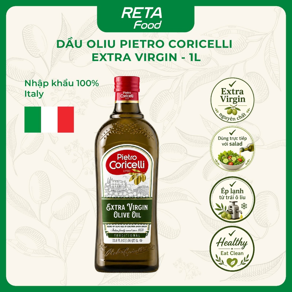 Dầu Oliu Extra Virgin Pietro Coricelli ép lạnh nguyên chất 1L - Dùng ăn trực tiếp, trộn salad, làm sốt - Nhập Khẩu Ý