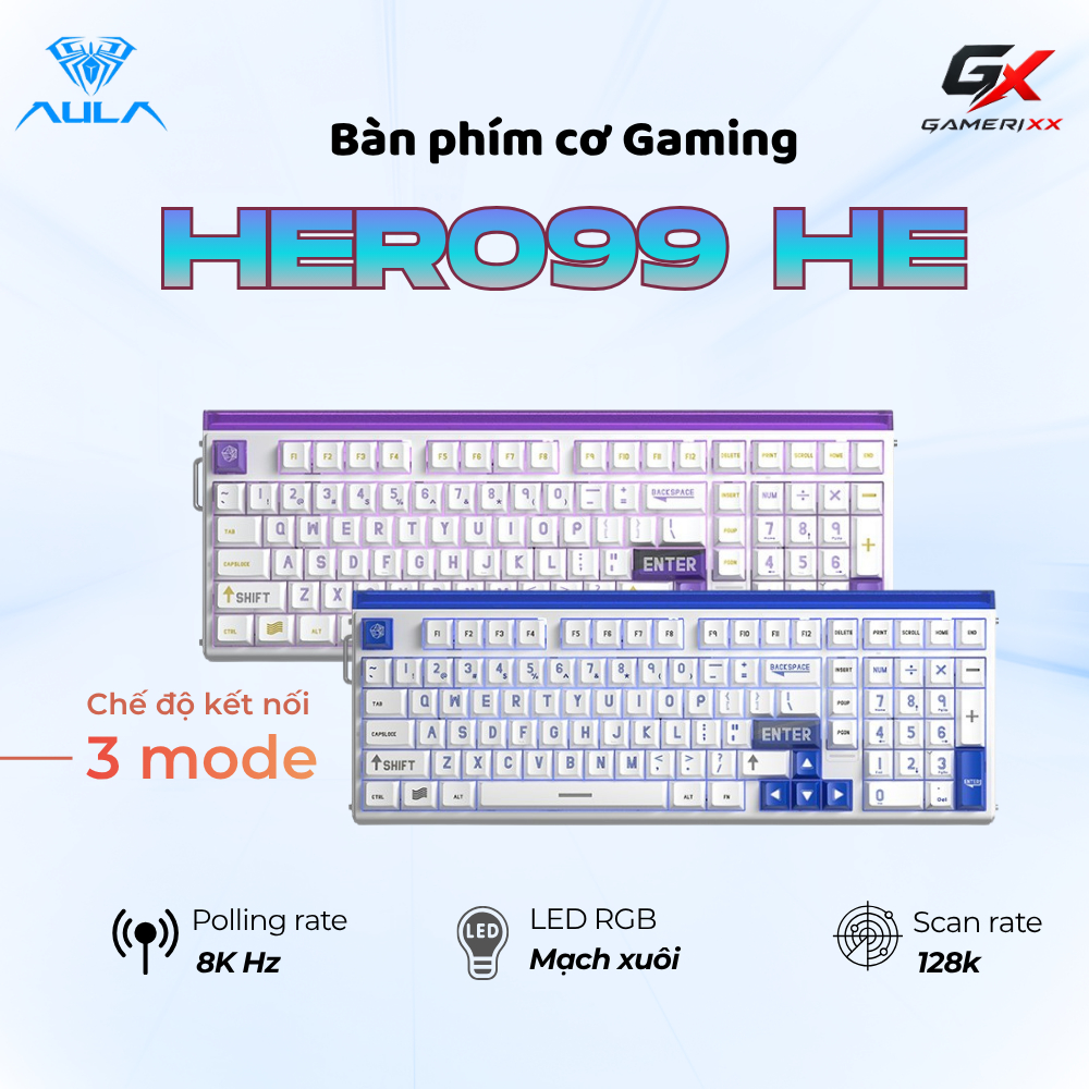 Bàn phím cơ Gaming AULA Hero 99 HE - Mạch xuôi RGB - Polling rate 8k - Scan rate 128k