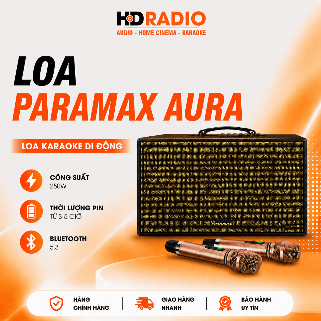 Loa Paramax Aura, Công suất 250W, Pin Từ 3-5 Giờ, Bluetooth 5.3, USB, HDMI (ARC), Optical, AUX, Kèm 