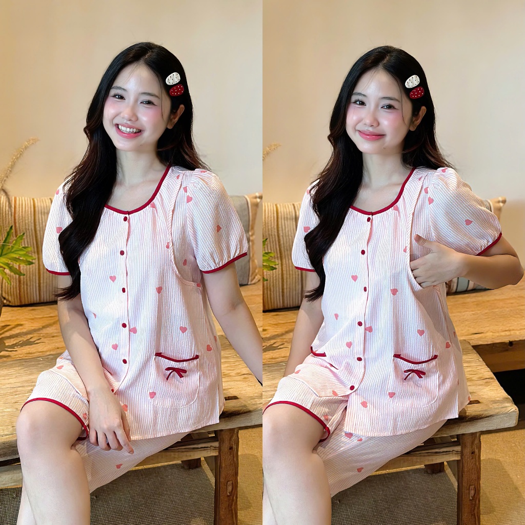 EVERMOM l Đồ bộ bầu B5 LỮNG XỐP VIỀN chất xốp Hàn nhẹ mát phối viền nơ túi xinh xắn