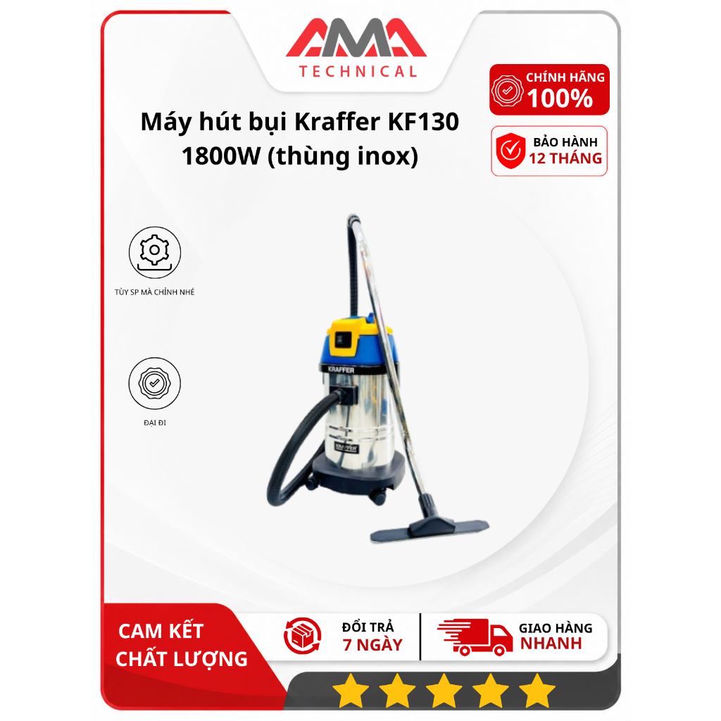 Máy hút bụi Kraffer KF130 1800W (thùng inox)