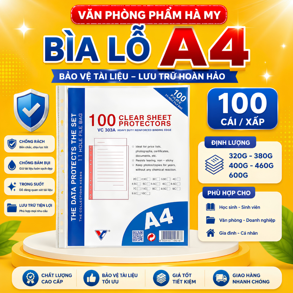 (Xấp 100 Cái) Bìa lá lỗ, bìa lỗ A4, bìa lá nylong đủ định lượng
