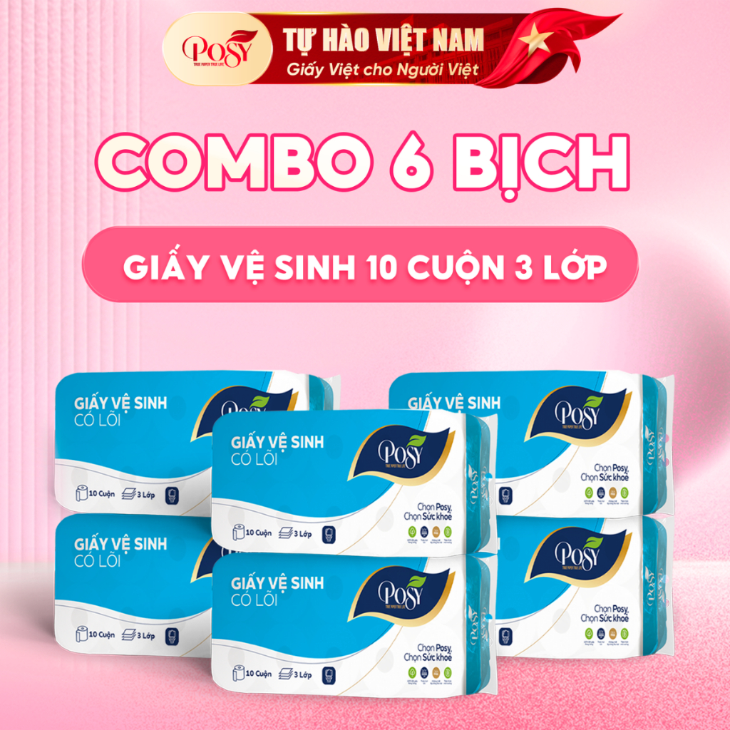 [OUTLET S4] Combo 6 bịch giấy vệ sinh Posy 10 cuộn 3 lớp có lõi hoặc không lõi thân thiện môi trường