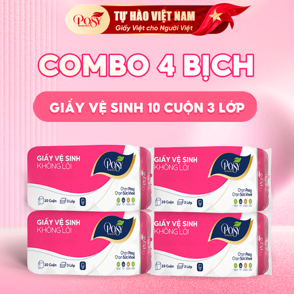 [OUTLET S4] Combo 4 bịch giấy vệ sinh Posy 10 cuộn 3 lớp tổng 40 cuộn/combo có lõi hoặc không lõi