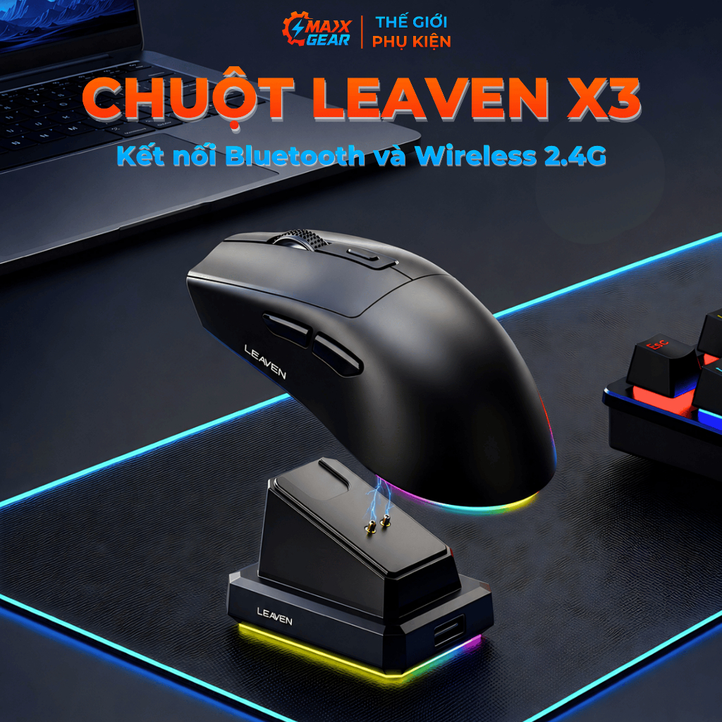 Chuột Gaming Leaven X3 Pro Wireless Dual Mode, Cảm Biến Chip Pro, Dock Sạc Thông Minh, Công Thái Học