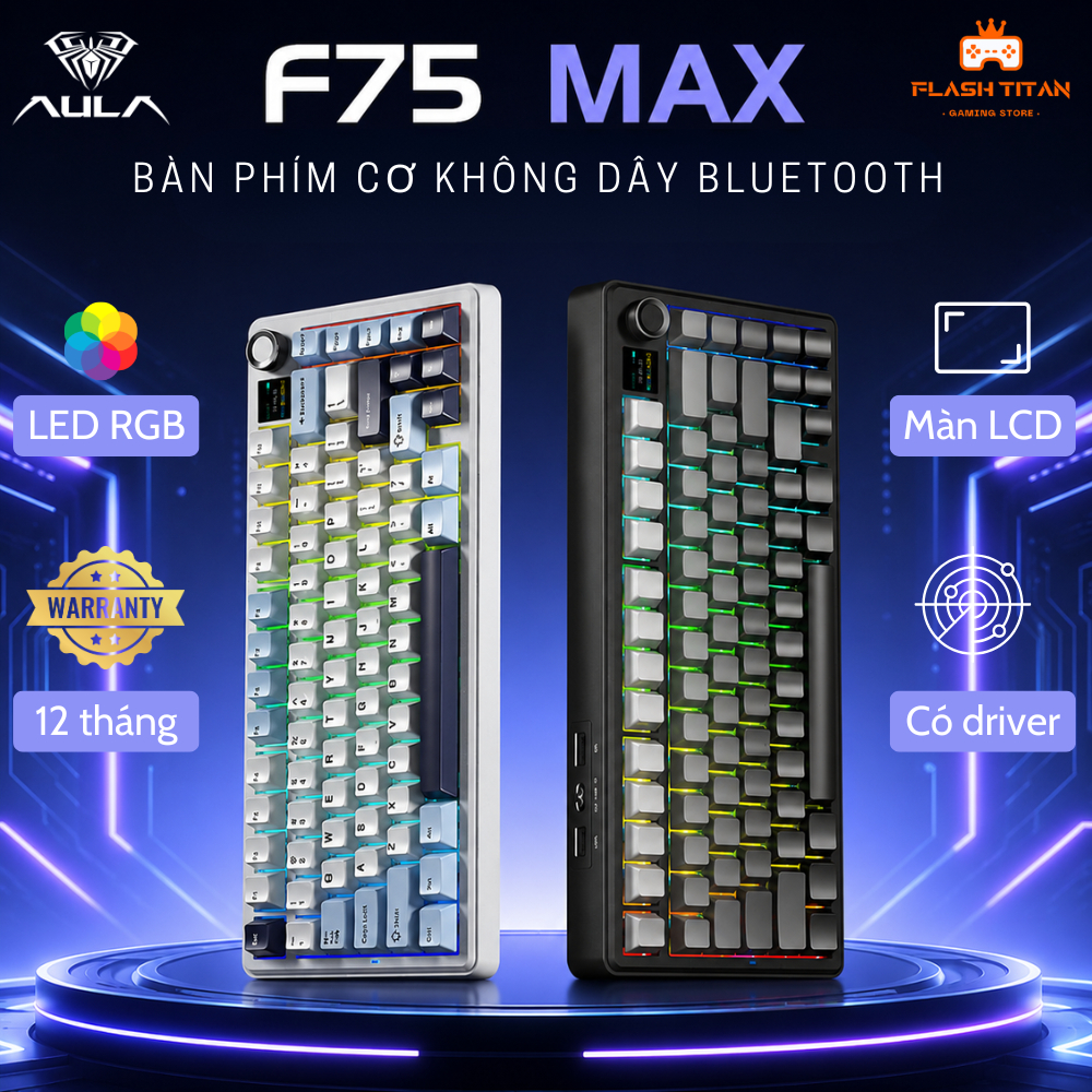 Bàn phím cơ AULA F75 MAX kết nối không dây bluetooth,Tích Hợp Màn LCD, Núm xoay, Dùng cho PC,laptop chơi game, văn phòng