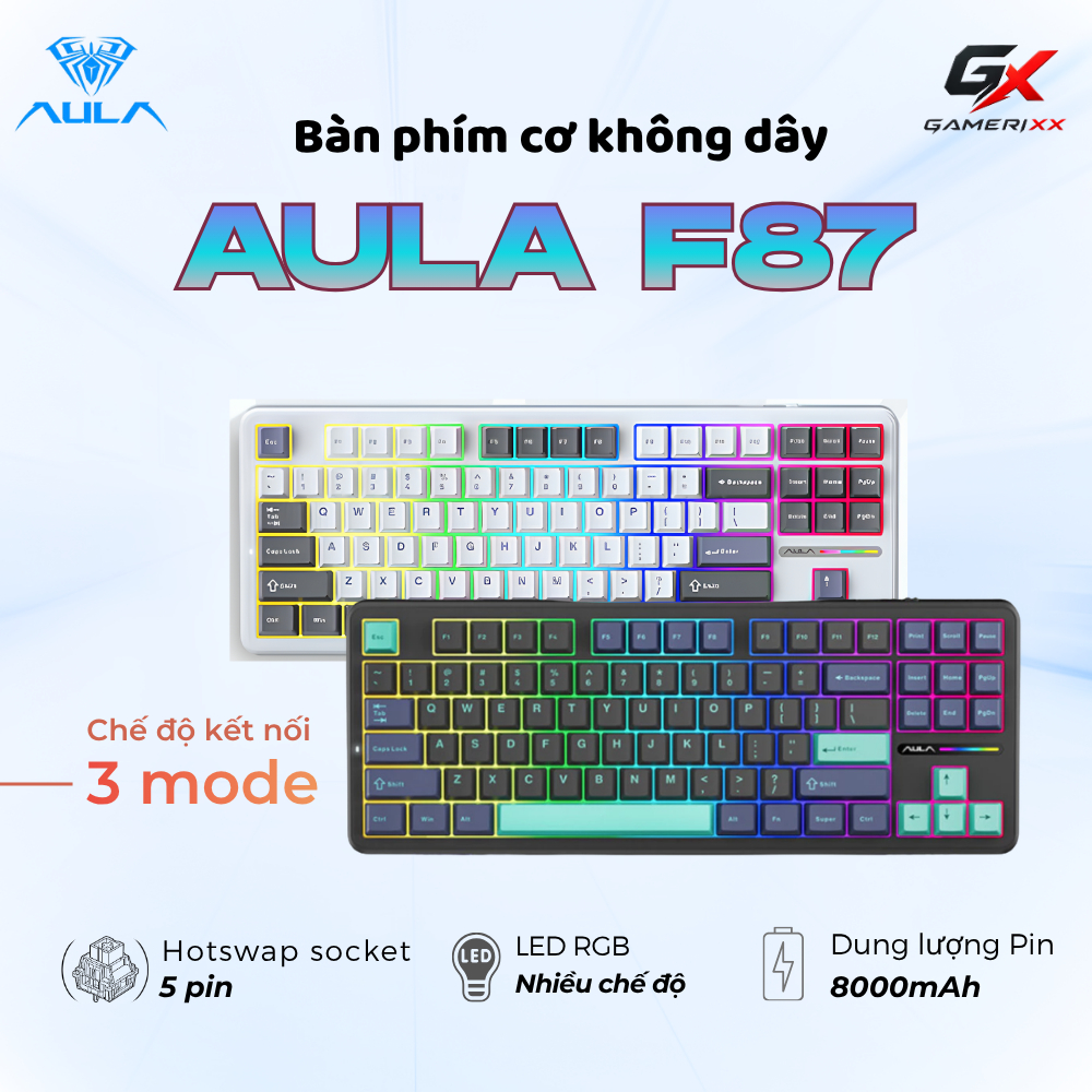 Bàn phím cơ không dây Aula F87 kết nối Bluetooth,Có Led RGB tùy chỉnh- Dùng cho PC,Laptop - Phù hợp 