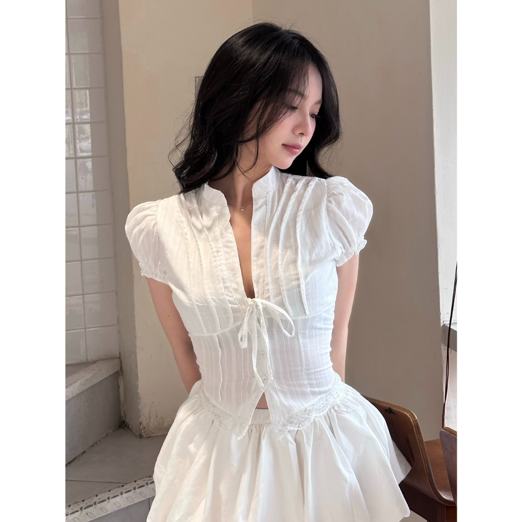 Áo Kiểu Nữ Dáng Croptop Chi Tiết Cổ Tàu Tay Bồng Cột Dây Nơ Mùa Hè Ki mee - KA832 | BigBuy360 - bigbuy360.vn