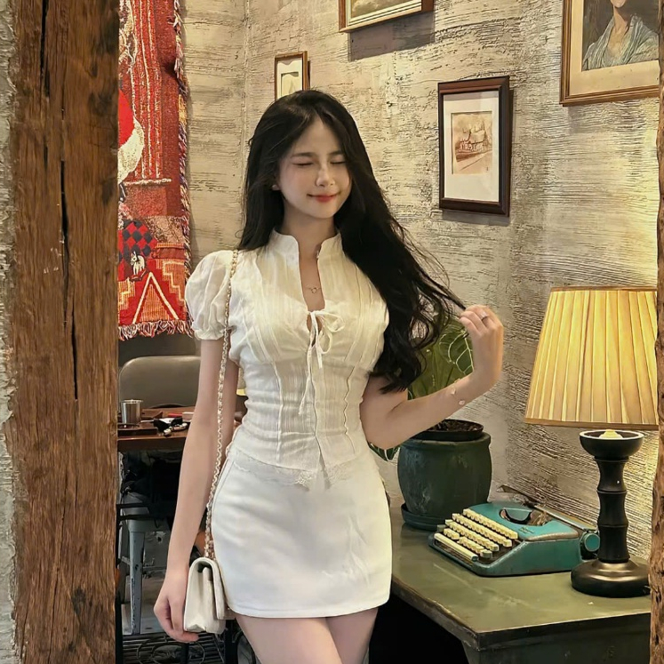 Áo Kiểu Nữ Dáng Croptop Chi Tiết Cổ Tàu Tay Bồng Cột Dây Nơ Mùa Hè Ki mee - KA832 | BigBuy360 - bigbuy360.vn