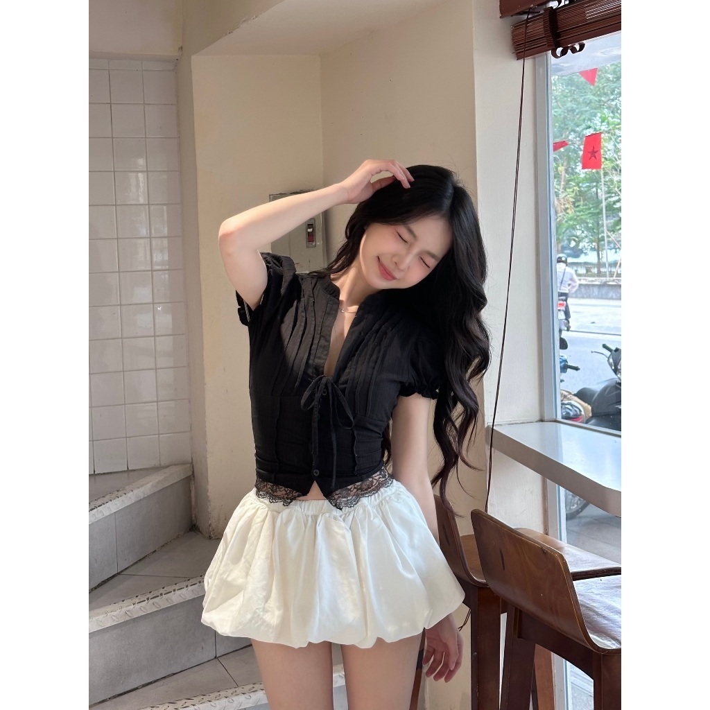 Áo Kiểu Nữ Dáng Croptop Chi Tiết Cổ Tàu Tay Bồng Cột Dây Nơ Mùa Hè Ki mee - KA832 | BigBuy360 - bigbuy360.vn