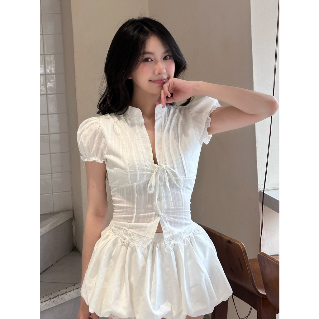 Áo Kiểu Nữ Dáng Croptop Chi Tiết Cổ Tàu Tay Bồng Cột Dây Nơ Mùa Hè Ki mee - KA832 | BigBuy360 - bigbuy360.vn