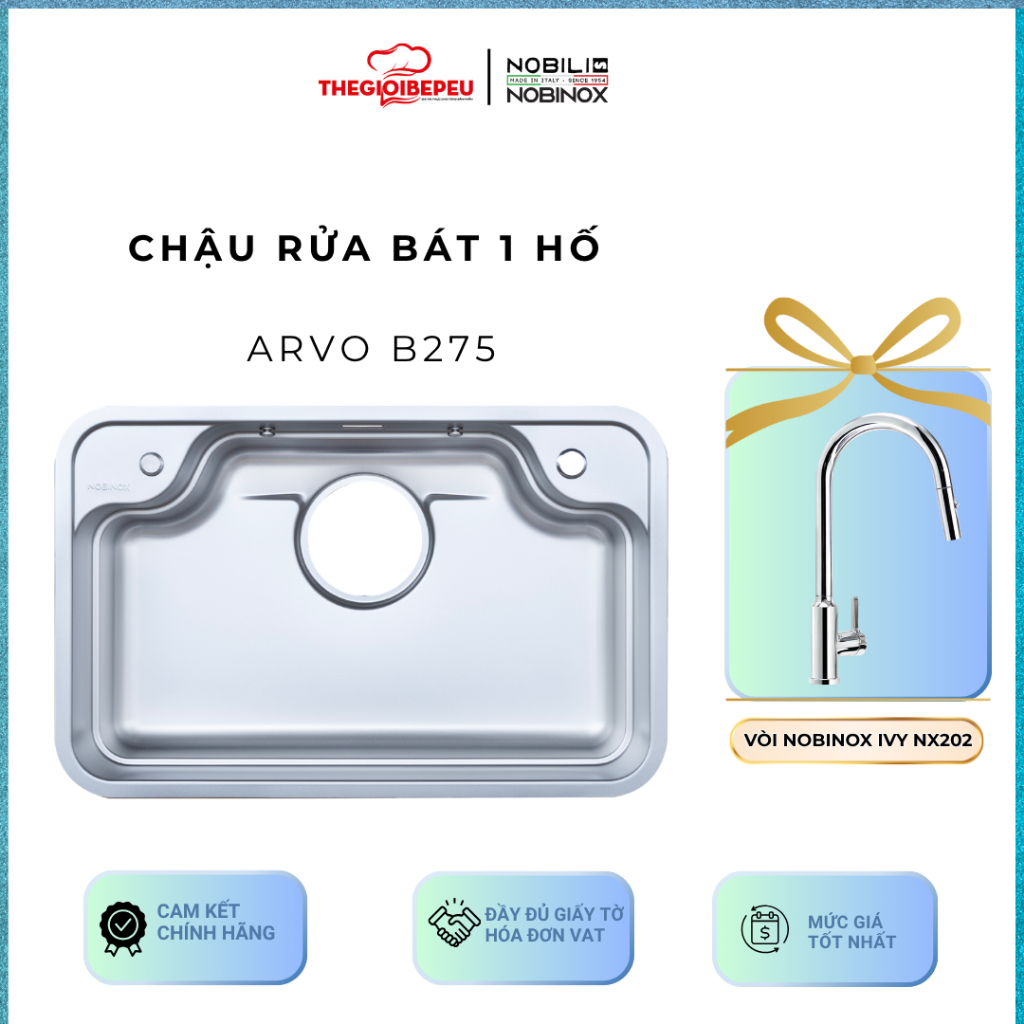 Chậu rửa bát 1 hố Nobinox ARVO B275 Kèm vòi rửa bát dây rút Nobinox IVY NX202