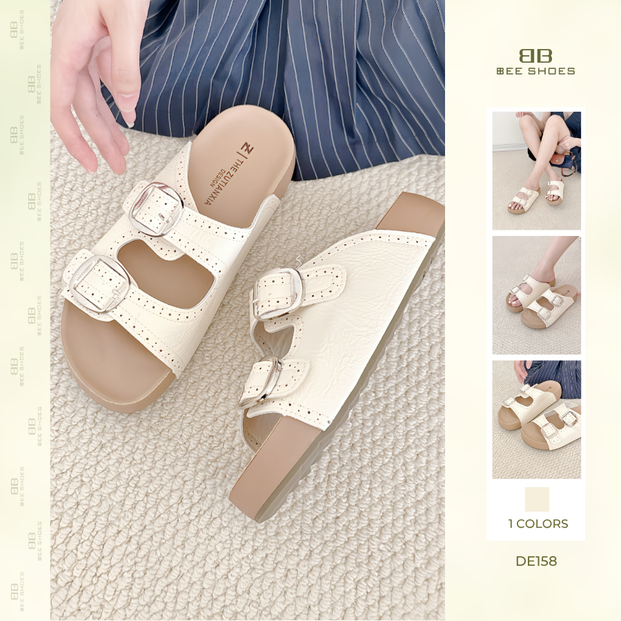 Dép nữ BEESHOES sandal 2 quai, mũi tròn đế bánh mì cao 3 phân sẵn màu kem DE158