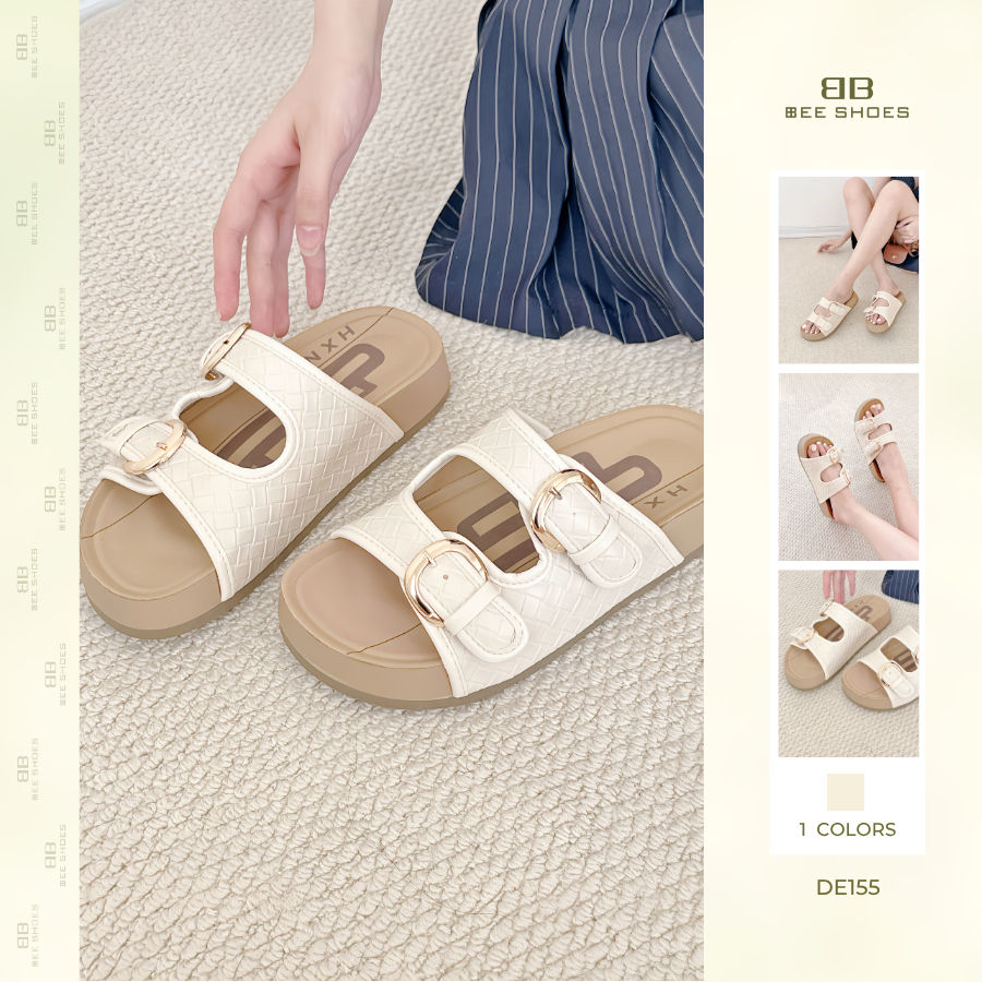 Dép nữ BEESHOES 2 quai ngang, da vân mũi tròn đế bằng cao 3 phân sẵn màu kem DE155 (Form 1.5)
