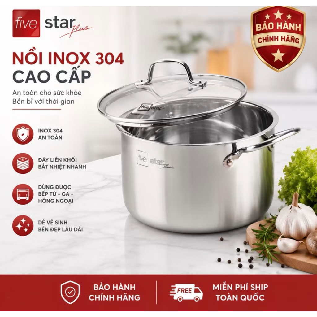 Nồi Inox 304 đúc liền khối 3 lớp Fivestar Plus nắp kính  18cm /16cm/ 20cm / 22 cm / 24cm / 26cm / 28