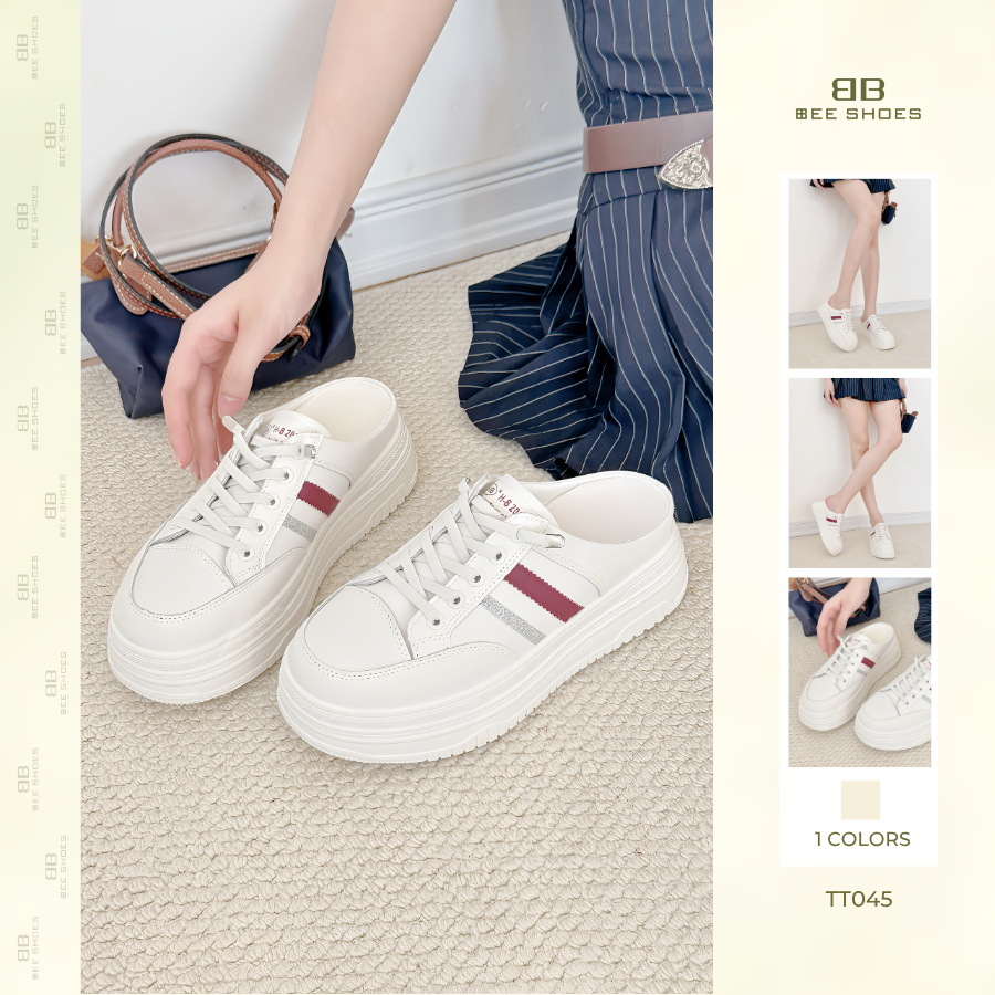 Giày thể thao nữ BEESHOES  giày sục thể thao 2 sọc mũi tròn đế bằng cao 5 phân sẵn màu trắng TT045