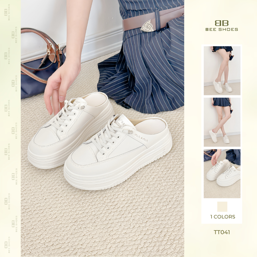 Giày thể thao nữ BEESHOES giày sục thể thao mũi tròn đế bánh mì cao 5 phân sẵn màu trắng TT041