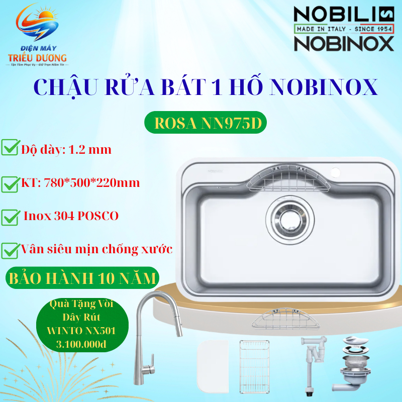 { TẶNG VÒI DÂY RÚT } CHẬU RỬA BÁT NOBINOX ROSA NN975D PHONG CÁCH NHẬT, INOX304