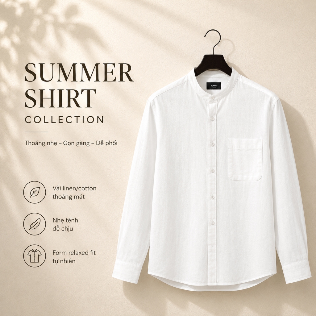 Áo sơ mi nam ROWAY vải linen cotton thoáng mát, form regular | dài tay cổ trụ ver2 | BigBuy360 - bigbuy360.vn