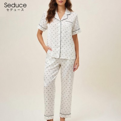 Bộ mặc nhà Seduce P26032 - Lụa Satin, quần dài áo tay ngắn, họa tiết chấm bi