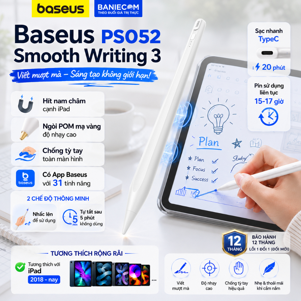 NEW 2025 Bút cảm ứng PS052 PS048 BASEUS Smooth Writing 3 TypeC Stylus Chống Tỳ Pin 17h Có App