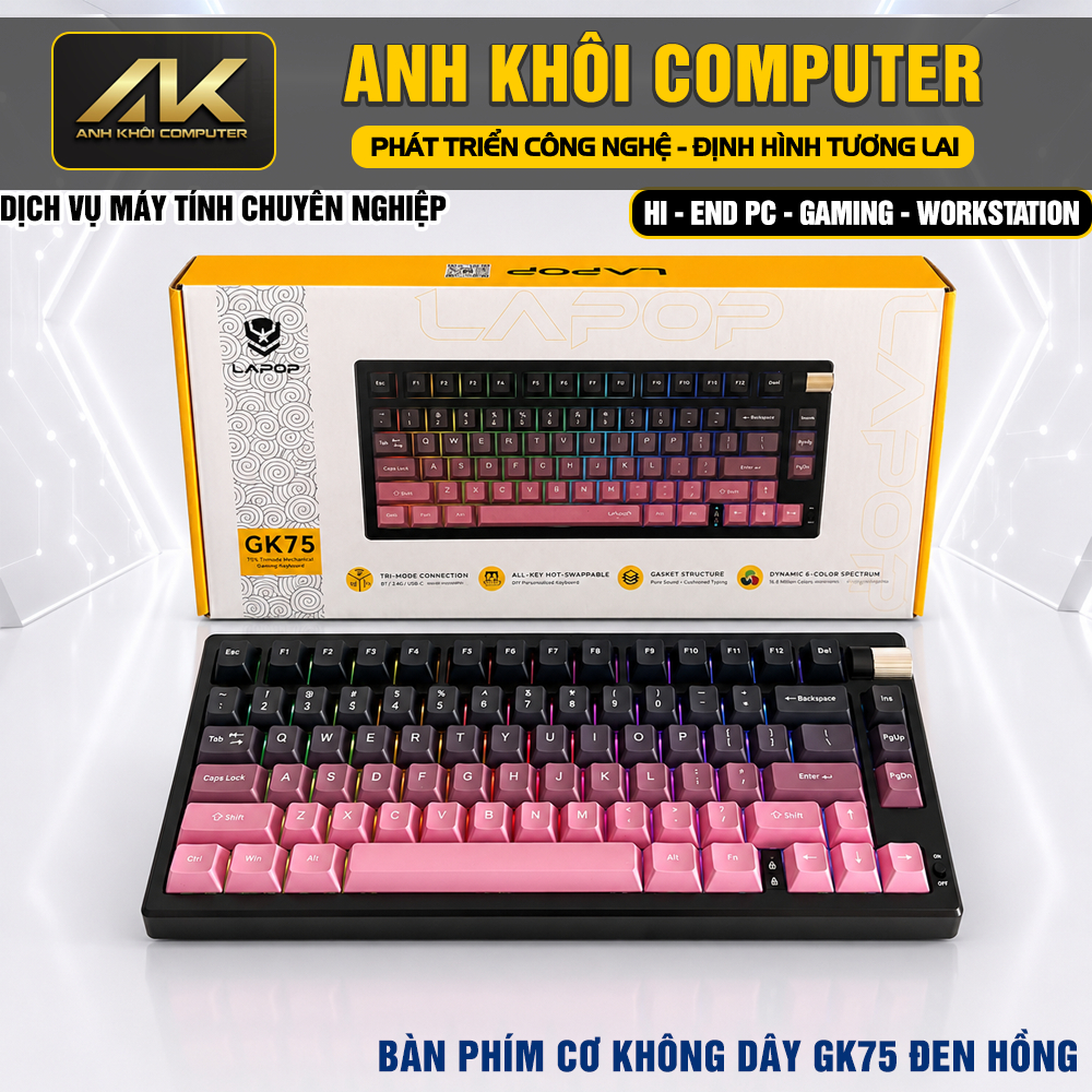 Bàn Phím Cơ LAPOP GK75 3 Mode Bluetooth 5.0 Wireless RGB Hotswap Gaming