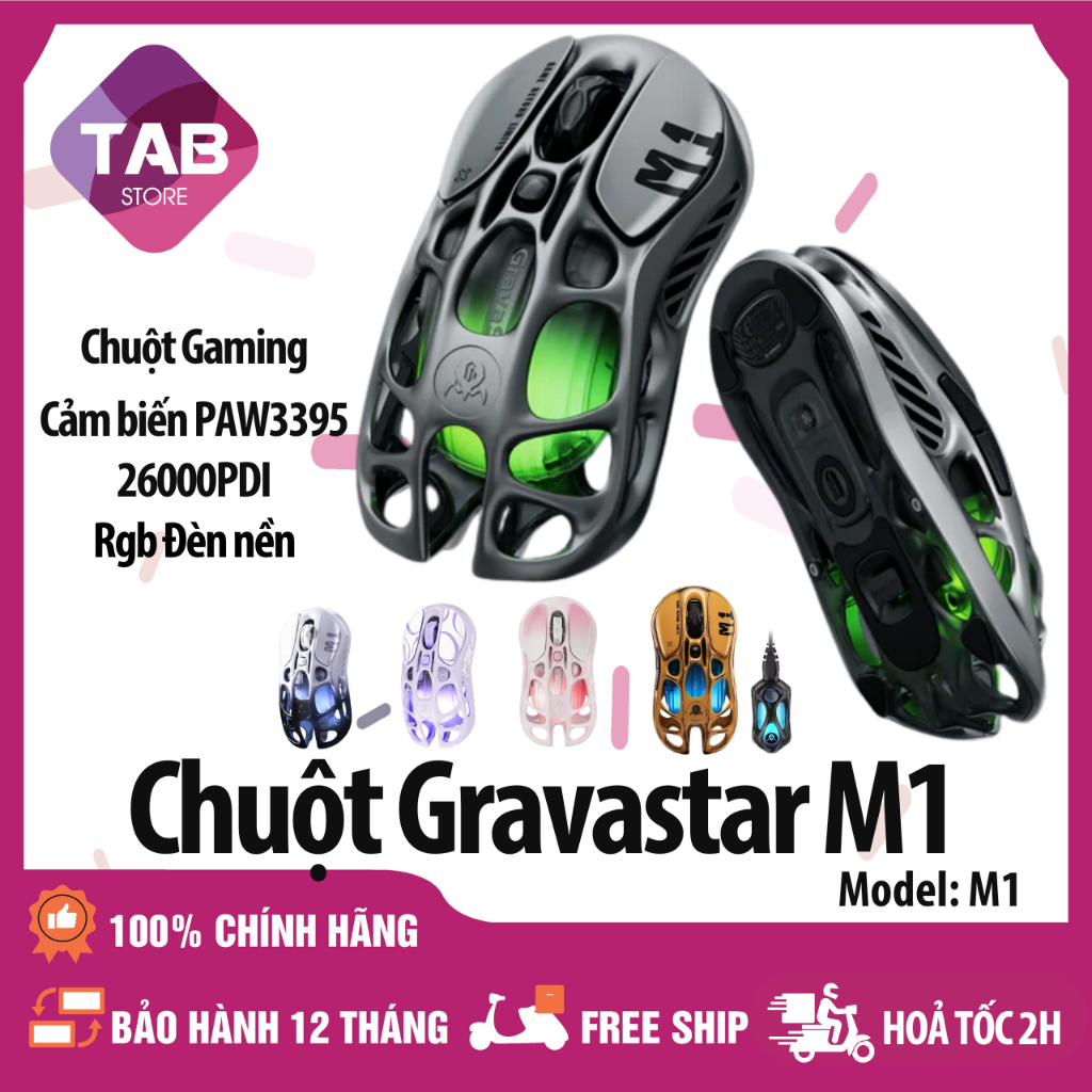 Chuột Gravastar Mercury M1 Pro 26000dpi PAW3395 Thiết Kế Rộng RGB Chính Hãng - Bảo Hành 12 Tháng.