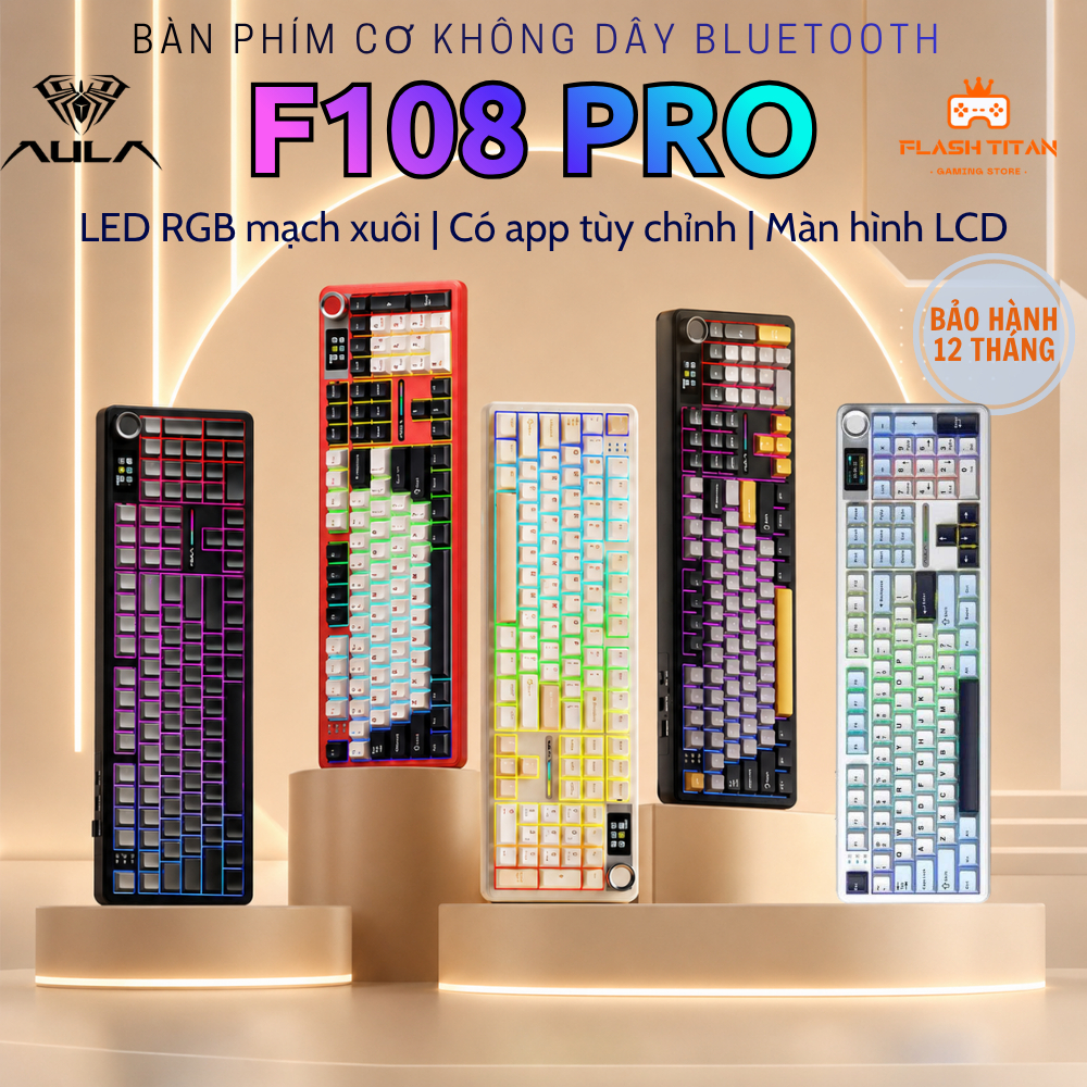 Bàn phím cơ AULA F108 PRO fullsize Kết Nối Không Dây Bluetooth Dùng Cho PC, Laptop Chơi Game Văn Phòng - Có màn hình LCD