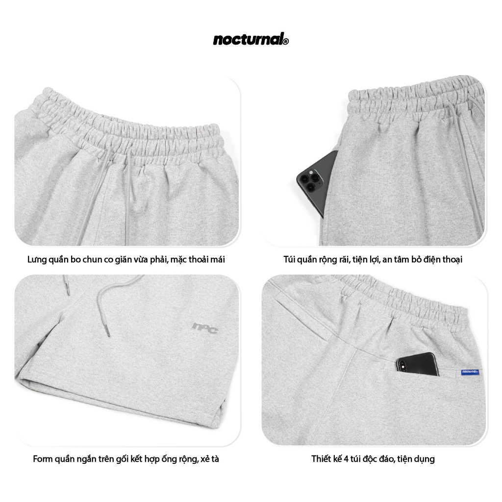 Quần Short Form Ngắn Trên Gối NOCTURNAL Metal Logo Sweat Shorts Nỉ Chân Cua 450gsm Unisex Nam Nữ Local Brand | BigBuy360 - bigbuy360.vn