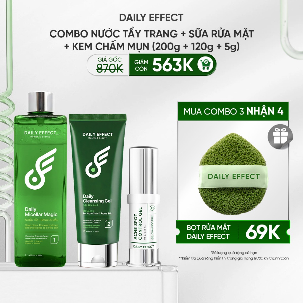 [Combo Nước Tẩy Trang + Sữa Rửa Mặt + Gel Chấm Mụn] - DAILY EFFECT (200g + 120g + 5g) Hỗ Trợ Giảm Mụ