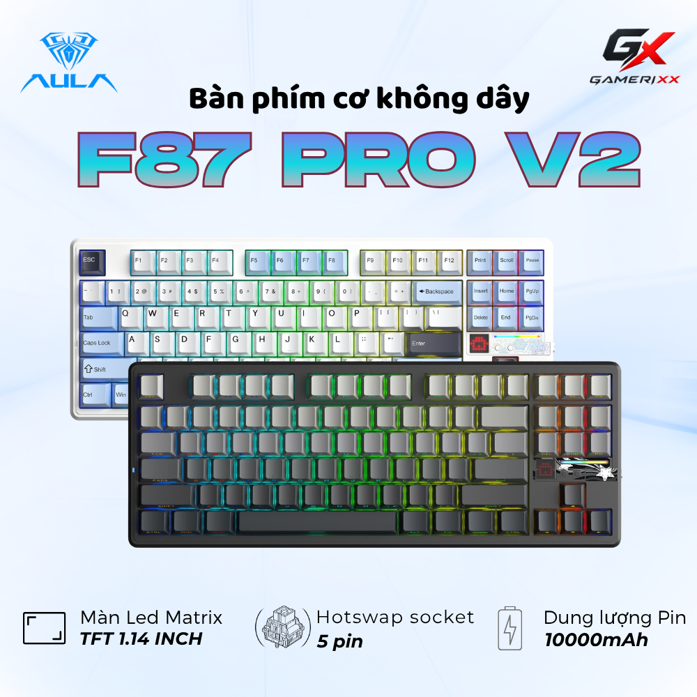 Bàn phím cơ Gaming không dây AULA F87 PRO V2 - Màn led Matrix - Hotswap socket 5 pin - Dung lượng pi