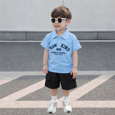 Đồ bộ bé trai mùa hè gồm áo polo và quần đùi in chữ Haw Kins chất liệu thun cotton Loza BU628