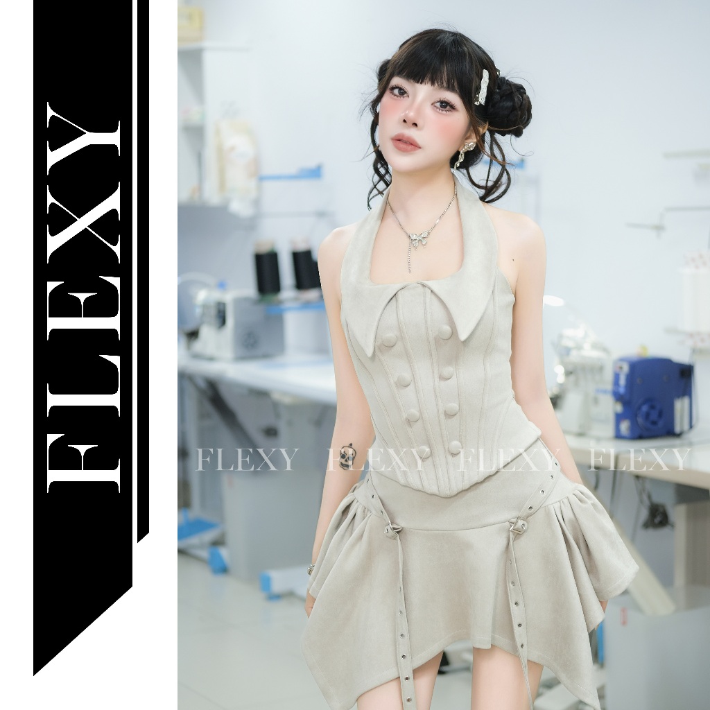 [FLEXY design] Set Edna thun áo cổ nhọn và chân váy màu beige
