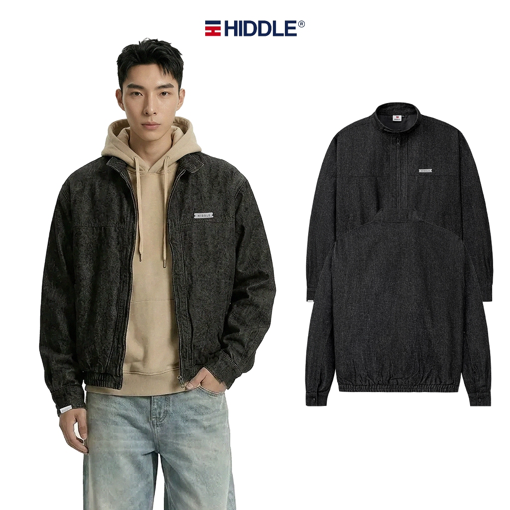 Áo khoác jean nam cổ trụ hai lớp HIDDLE màu đen bo chun nút bấm kim loại | H-AK2