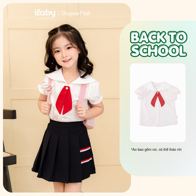 [ILABY 10-40kg] Áo sơ mi bé gái ILABY cổ thuỷ thủ gắn nơ cổ chất liệu thô cotton [1687]