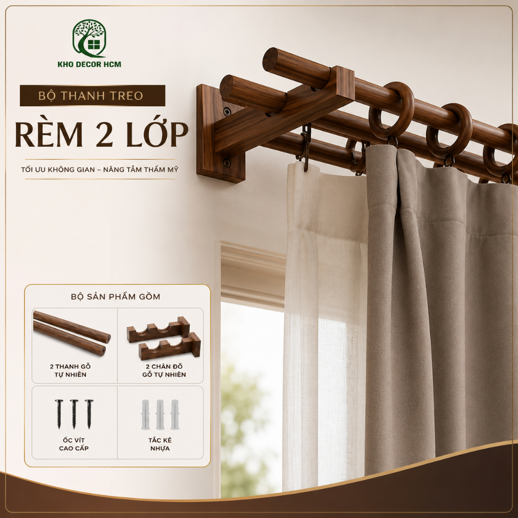 Trọn Bộ Thanh Treo Rèm 2 Lớp 2 Thanh Treo Rèm 0.6 tới 3M (Hỗ Trợ Cắt Kích Thước Theo Yêu Cầu)