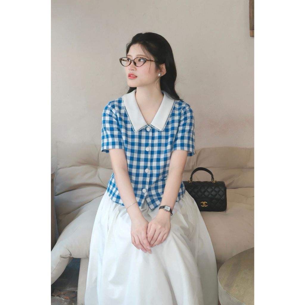 Áo Sơmi Nữ Dolphin ABUHI Thiết Kế Áo Ngắn Tay, Hoạ Tiết Xanh Caro Tinh Tế, Chất Liệu Bamboo Thoáng Má | BigBuy360 - bigbuy360.vn