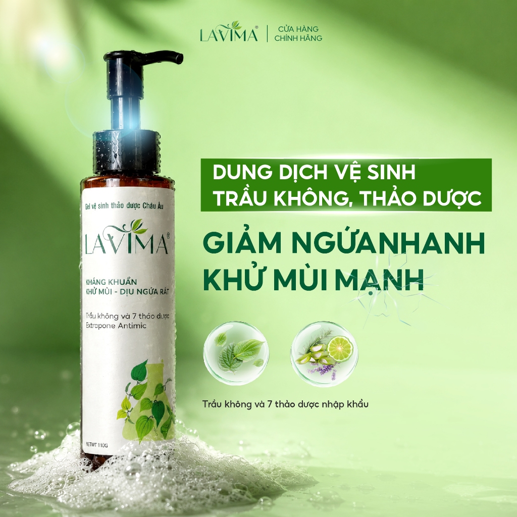 Dung dịch vệ sinh Lavima, Trầu không Thảo Dược làm sạch - giảm ngứa nhanh - khử mùi mạnh, Chai 110g