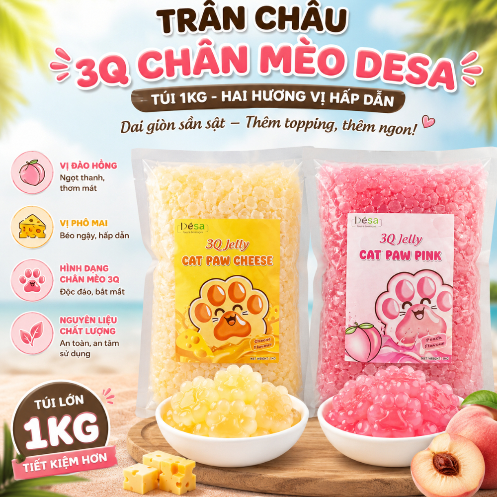 Trân châu 3Q chân mèo Desa vị đào hồng và phô mai túi 1kg thạch topping giòn dẻo