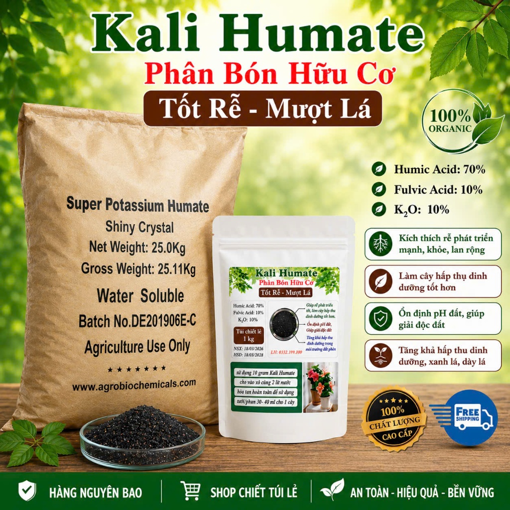 1 Kg Kali Humate Phân Hữu Cơ Giàu Acid Humic Tan 100% Tốt Rễ Xanh Lá