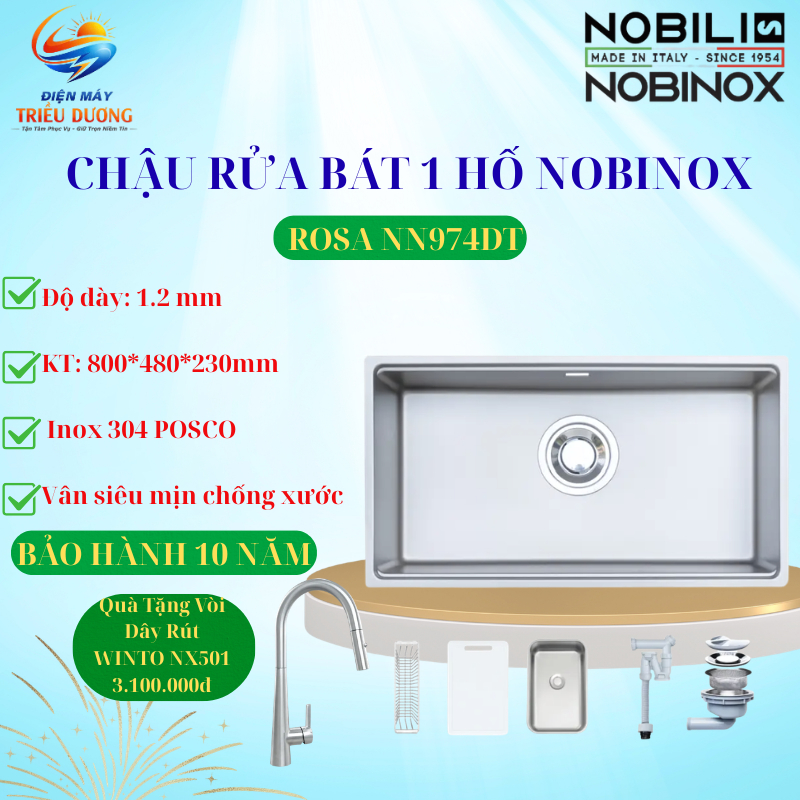 { TẶNG VÒI DAY RÚT } CHẬU RỬA BÁT  NOBINOX ROSA NN974DT, INOX304