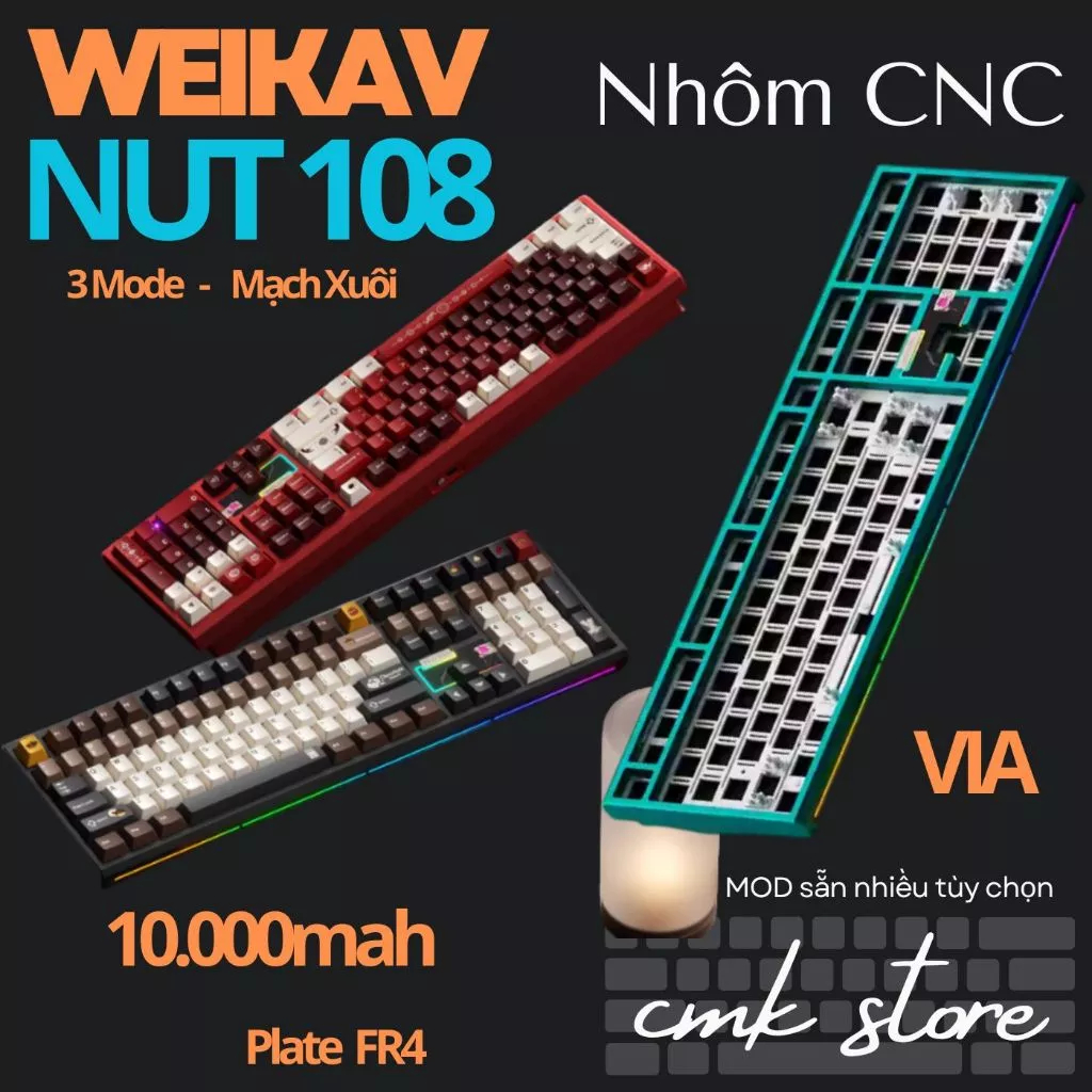 KIT Custom | Bàn Phím Cơ Nhôm Fullsize - Weikav Nut 108 - 3 Mode - Plate FR4 - VIA