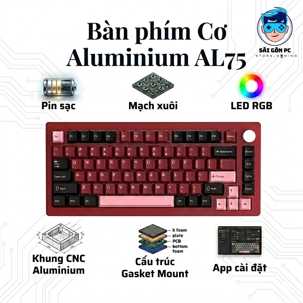 Bàn phím cơ Silent Atas AL75 V2 Khung nhôm CNC 3 mode kết nối - Led RGB - Pin sạc 4000 mah - Mạch xu