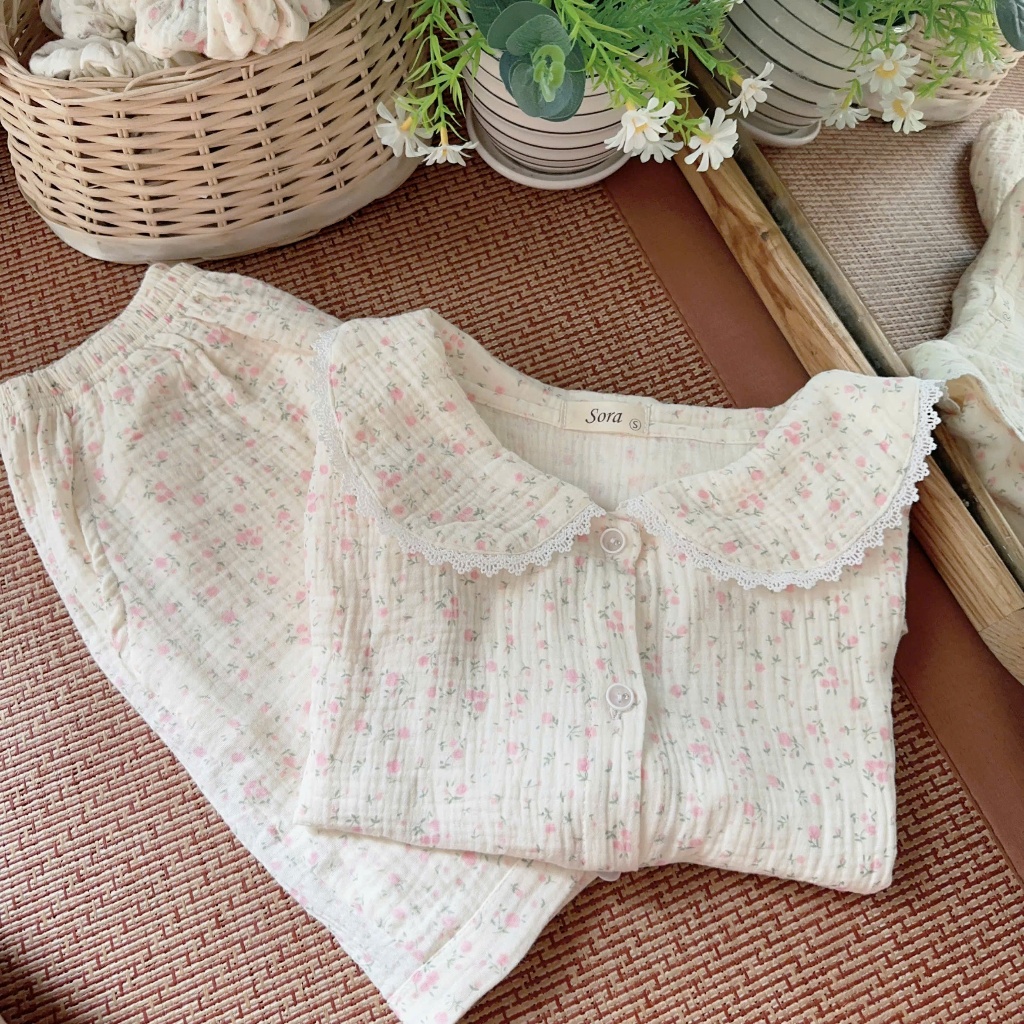 BỘ TAY CỘC QUẦN CỘC Bộ đồ ngủ Xô Muslin cổ sen, mặc mềm mại thoáng mát, thấm hút mồ hôi, Sora Xô Mus