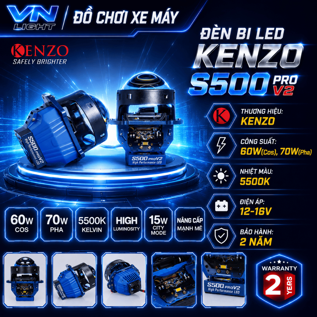 Đèn Bi LED Kenzo S500 Pro V2 70W Chính Hãng Siêu Sáng Cos Pha Rõ Nét Bám Đường Tốt Cao Cấp BH 2 Năm